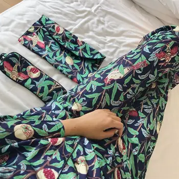 Ženske 4 Kos Svile Dolgo sleeved Pižamo korejski River Tiskanja Sleepwear Pomlad Luxury Womens Seksi Domov Oblačila Pižame Saten Set