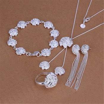 Debelo srebrne barve nakit set temperament čar rose cvet obesek, ogrlica, zapestnice, prstan Stud Uhani S323