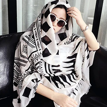 Črno-Beli Modi Nove Ženske Dolg Šal Zaviti Rute Letnik Bombaž Veliko Šal Hidžab Elegantno Tiskanje, Vzorec