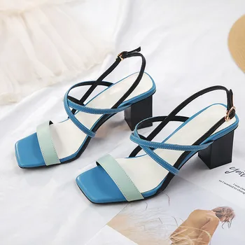 MEMUNIA 2020 vrh kakovosti pravega usnja sandali ženske čevlje, sponke mešane barve kvadratnih visoke pete poletje stranka sandali ženske