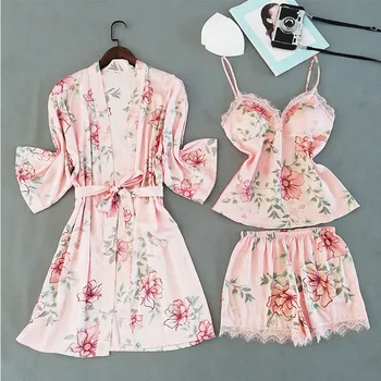 3PCS Pižamo bo Ustrezala Ženski Čipke More Saten Svilnato Intimno Perilo Sleepwear Tiskanja Nightgown Pižame Kimono Obleke kopalni plašč