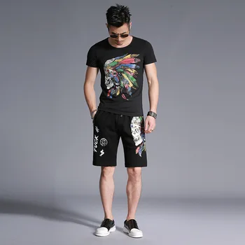 Ameriški stil Indijski vzorec tiskanje modna športna majica s kratkimi rokavi and kratke hlače komplet Poletja 2018 Novo kakovost bombaža trenirka moški M-4XL