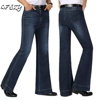 Barva: Temno modra, Svetlo modra Moške Denim Mid-pas Big flare Stretch hlače za Moške Slim Modnih hlač Velikost 26-33