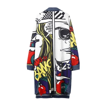 Moda za Ženske Jarek Harajuku Elegantna Grafiti, Tiskanje Oversize Traper Suknjič Partchwork Dolgo sleeved Dolgo Windbreaker Gothic Ulične
