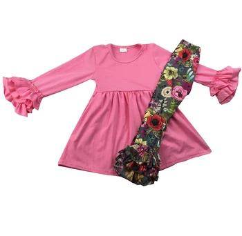 Jeseni in pozimi obleke z dolgimi rokavi hot pink bombažna oblačila, ki cvet ruffle dolge hlače otroci, oblačila, pripravljeni na ladjo