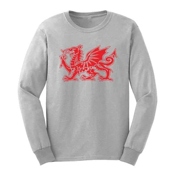 Loo Kažejo Mens Welsh Dragon Grafični Dolg Rokav Odraslih, T-Majice Priložnostne Tee Moški