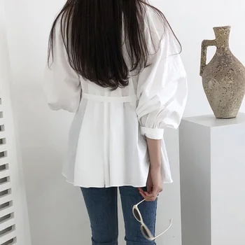 Na Japonskem Slogu Bluzo Pomlad Jesen Nove Korejske Modne Svoboden Priložnostne Preprosto Risanje Nazaj Luč Rokav Zbrali Krog Vratu Čipke