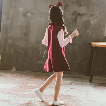 Otroci Obleke za Dekleta 2019 Novi korejski Ovratničarski Izrez Elegantno Princesa Obleko Otrok Ponaredek Dva-kos Bombaža Obleko 4-12 Let