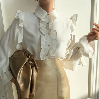 Urad ženske Bele Ruffles bluzo 2021 Pomlad Poletje Nova zasnova znižuj ovratnik Elegantno Srajco Vrhovi srajca Moda YNZZU 1T025