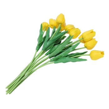 10pcs Rumena Latex Pravi Dotik Tulipanov Cvet z Listi Za Poročni Šopek Okrasite