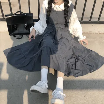 Japonski šoli slog sladko visoko pasu trakov ogrlicom trak obleko srajco gothic lolita obleko ženske kawaii oblačila loli jsk