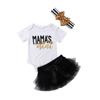 Newborn Infant Baby Girls Summer Short Sleeve Clothes Set Withe Letter Print Romper+Black Tutu Skirt+Headband 3pcs Casual Outfit