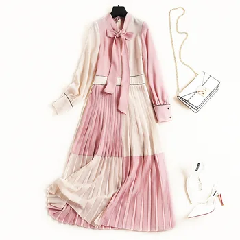 Dolg Rokav Lok Vratu Barvo Sladko Roza Midi Naguban Šifon Obleke 2020 Novo Pomlad Obleke za Ženske Modni Oblikovalci