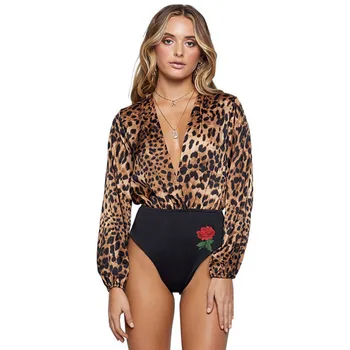 Vroče seksi žensk Rose Cvet bodysuits Leotard Stretch Top Moda Leopard tiskanja Mozaik igralne obleke Globoko V Dolg rokav nastavite 2019 2XL