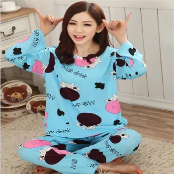 2020 Jeseni Rumeno Risanka Krava Pižamo Set Za Ženske Hlače Priložnostne Sleepwear Kawaii Pijamas Dolg Rokav Topla Ženska, Homewear