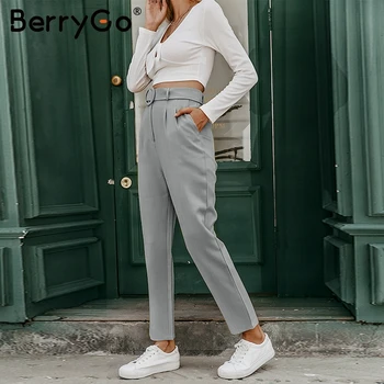 BerryGo Elegantno krilo pasu ženske hlače Visoko pasu gumbi urad gospe jeseni dela hlače Elegantna rumena žep ženske hlače 2019