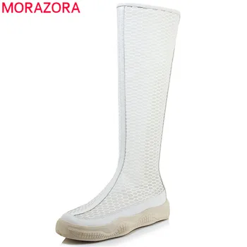 MORAZORA 2020 nov prihod kolena visoki škornji ženske pu +zraka očesa poletni čevlji preprost zip ravno čevlji ženska moda priložnostne čevlji