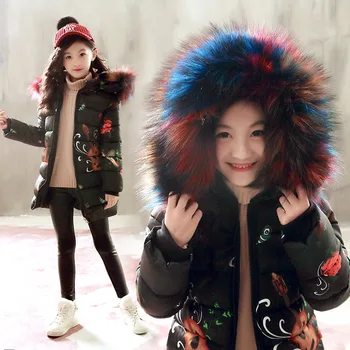 Nove otroške dekliške bombaž-oblazinjena oblačila 3-11 let korejski otrok zgosti big krzno ovratnik mid-dolžina pasu bombaž oblačila