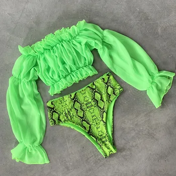 Ruffle Zelena Leopard Bikini Kopalke Seksi Kopalke Ženske 2019 Dolg Rokav Coverup Kopalke Visoko Pasu Bikini Komplet Bather