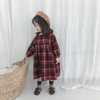 Baby Dekleta oblačenja za dekleta obleke puff rokav kariran dolge obleke za otroke moda wollen priložnostne vse-tekmo princesa obleko Jeseni