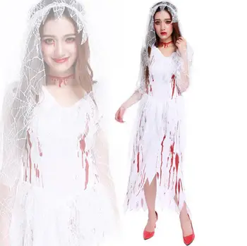 Ženske Popotovanje Duše v Noči Halloween Party Vampir Zombija Kostume Seksi Belo Bloodstain Duha Nevesta Fancy Oblačenja