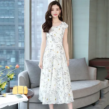 Šifon obleko ženske bele cvjetnim tiskanja plus velikost 2020 poletje temperament slim nove dolgo pravljice obleke feminina z oblog CX1145