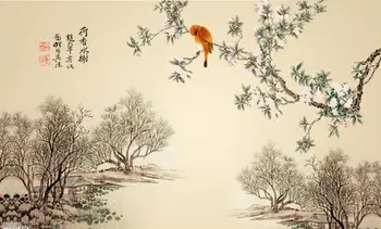 Ročno poslikane oljna slika, slog ozadje Kitajski cvetje in ptice retro dnevna soba, TV sliko za ozadje