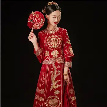 Krasen svetlo rdeči diamanti vezenje stojalo ovratnik 3/4 rokavi kitajski retro nevesta večerno obleko xiuhe shop online kitajska