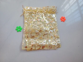 Zlato srce organza vrečke 9x12cm 100 kozarcev nakit embalaža zaslon vrečke za darila vrvico vrečko vrečka nakit vrečko za zapestnice