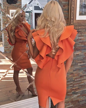 Vzletno-Pristajalne Steze Modni Brvi Fashion Sexy V Vratu Oranžna Ruffles Ženske Povoj Obleko 2020 Modni Oblikovalec Nočni Klub Stranka Obleko Vestido