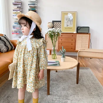 2020 Pomlad Nov Prihod Deklice Dolg Rokav Bombaž Obleko Otroci Baby Dekleta Oblačenja Princesa Obleko Dekleta Priložnostne Cvetlični Ovratnik Obleke
