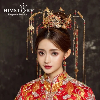 HIMSTORY Kitajski Retro Poročne Pokrivala Ročno Zlato Dolgo Tassel Phoenix Coronet Poročne Poročni Nakit, Pribor za Lase