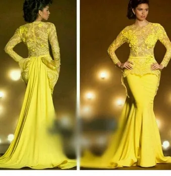 Novi 2019 nepredena svilena rumena Muslimansko obleko morska deklica dubaj formalno večer stranka scan vlak DF469 Arabski dolgimi rokavi obleka obleke