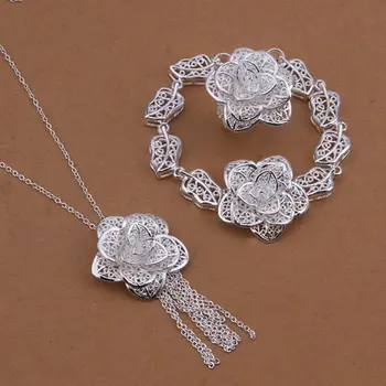 Trgovina silver plated nakit,925 moda Srebrni nakit cvet ogrlica&zapestnica&obroč, nakit sklopov za ženske SS436