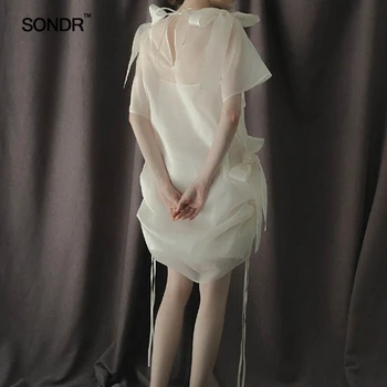 SONDR 2019 nove francoske romantike vidika bowknot bela Vila obleko asimetrični čipke-up Počitnice obleka ženske