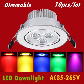10pcs/veliko LED Downlight, 3W, 4W 5W 7W LED Stropa Navzdol Luči Vgradne LED Downlight Rdeča Modra Zelena Rumena Vijolična AC85-265V
