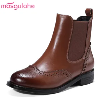 Masgulahe womens čevlji velikosti gleženj škornji elastični pas zdrsne na pravega usnja čevlji zadrgo debele nizkih petah jeseni čevlji