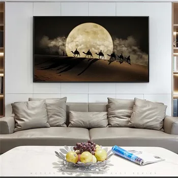 Puščava Luna Night Scene Steno Umetnosti Plakatov In Fotografij Kamele v Puščavi Platno Umetniške Slike Krajine Platno Stensko Slikarstvo Dekor