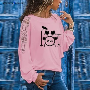 Evropski Stil Glasbe, Drum TShirts Ženske Modni Harajuku TShirts Čipke Dolg Rokav T-shirt Vrh Velikosti Svoboden 5X Ženska Oblačila
