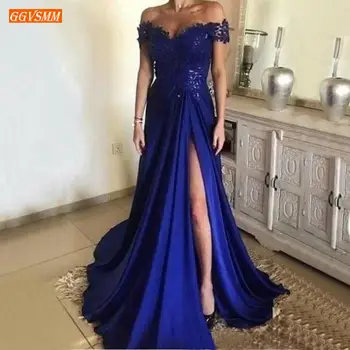 Moda Kraljevsko Modra Dolge Večerne Obleke Off Ramenski Čipke Aplicirano Strani Špranjske Linijo Večernih Oblek Saten Formalno Stranko Ženske Obleke