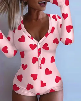 Ženske Seksi Rit Buttoned Zavihek Pižamo, Srčkan Natisnjeni Dolg Rokav Funkcijski Gumbi Design Romper Obleke za Ženske