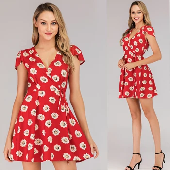 Vestidos verano 2019 Cvetlični A-Line maxi obleke za ženske rdeča obleka V-Neck ženske obleko elegantno obleko vestidos de fiesta 4065 50