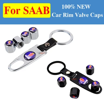 1set Modra za SAAB Auto Logotip Kolo Pnevmatike Vreteno Ventila Kape Key Ring + Usnje Pripomoček za saab 9-3 9-5 93 95 BJ SCS Avto Styling
