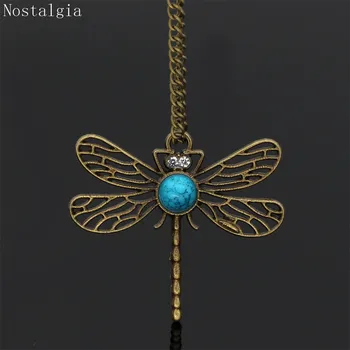 Nostalgija Kristalno Dragonfly Ogrlica Za Moški Letenje Zmaj Živali Nakit Antično Bronasto Prekrita Retro Dizajn