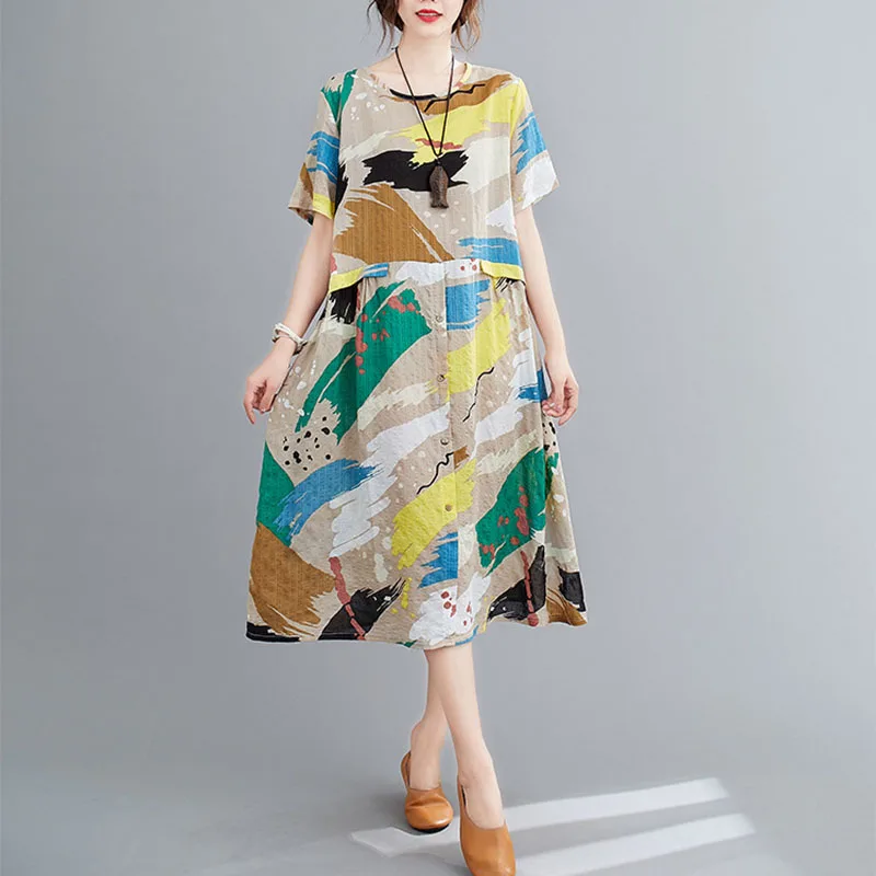 Korejskih Žensk, Kratek Rokav Midi Obleko Poletje Priložnostne Plus Velikost Umetnost, Vintage Bombaž Perilo Tiskanja Dhirt Obleko Vestidos Haljo De Mujer