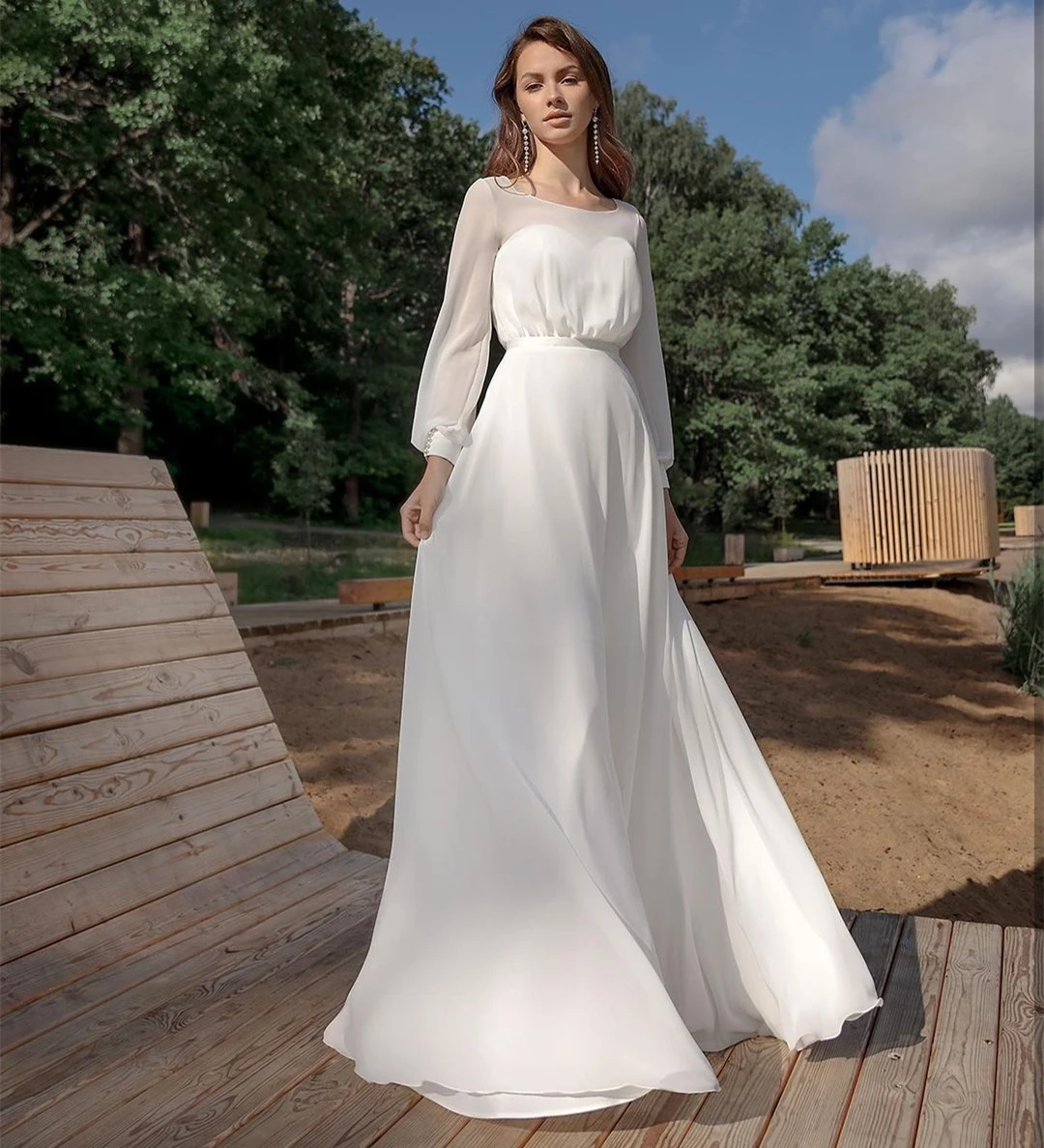 Princesa Poročno Obleko 2021 Boho Dolg Rokav Šifon Mehka Tla Dolžina Preprost Plaži Poceni