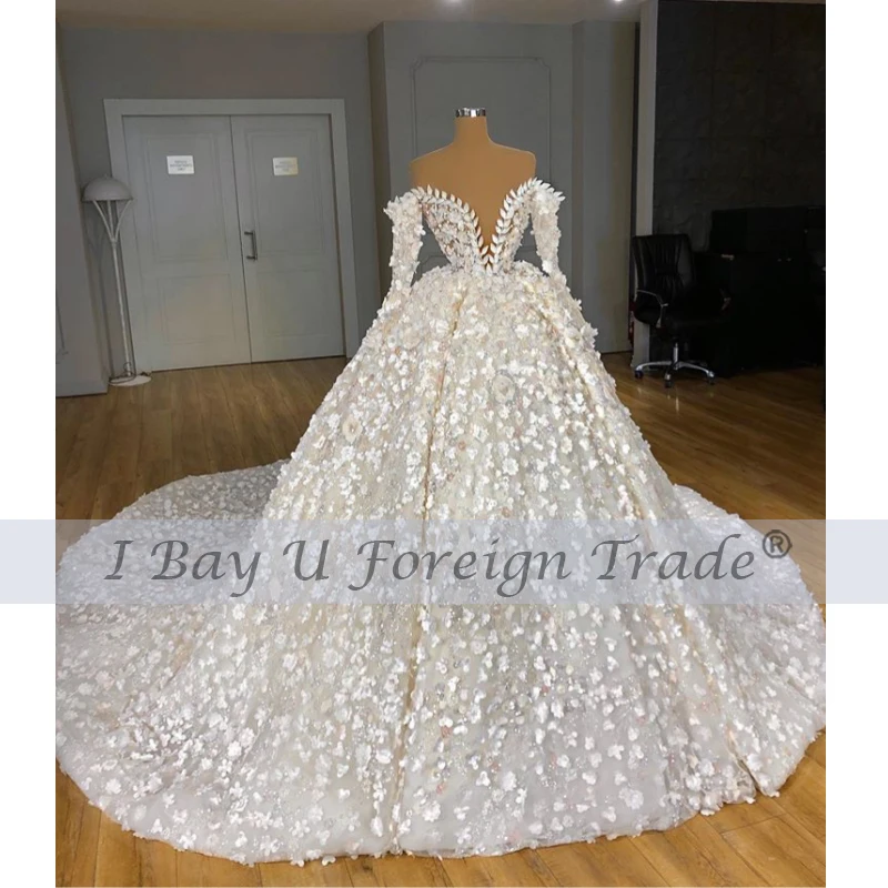 Haljo De Mariee Princesa De Luxe 2020 Beading Popolno 3D Cvet Luksuzni Čipke Žogo Obleke Osebnih Meri Poročno Obleko Off Ramo