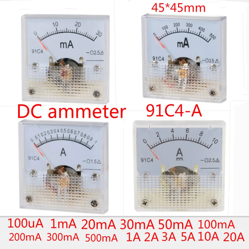 91C4-DC 0-30mA 20mA 50mA 100mA 200mA 300mA 500mA Analogni Trenutno Plošči Merilnik DC 30mA Ampermeter za Vezje Testiranje Amper Tester
