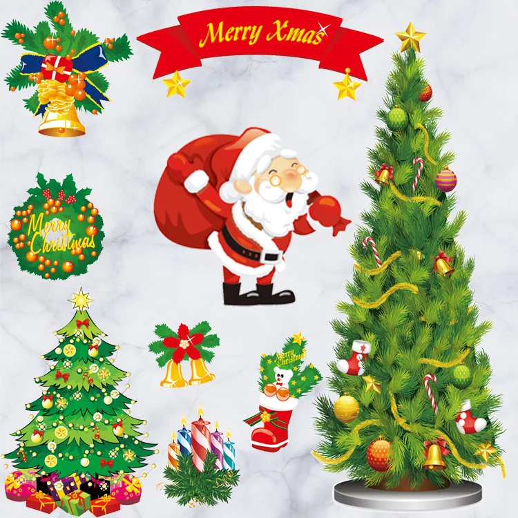 Božično drevo bell Santa Claus risanka počitnice stenske nalepke, otroška soba dekoracijo doma ozadje okno nalepke D945