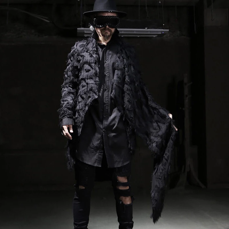 Devil serije punk moška asimetrični klub lase stilist osebnost trenchcoat trend modni vidika pav tiskanja jakna